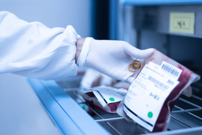 Selective focus scientist hand holding red blood bag in storage blood refrigerator at blood bank unit laboratory in the hospital.Save life and medical treatment concept. Smart4Diagnostics: Intelligenter Aufbewahrungsbehälter für menschliche Proben