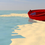 High quality 3D render of a red painted wooden boat on a sandy beach among tide-pools at high tide. Copyright: pixone3d - stock.adobe.com