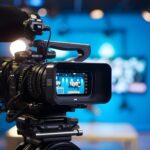 Modern video camera with a digital display recording an interview in a TV show studio. Blurry background. Mass media, television, and technology concepts. Behind the scenes of making of movie and TV