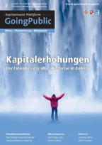 Das Cover der Zeitschrift „GoingPublic: Kapitalmarkt Plattform“ zeigt eine Person in rotem Jackett vor einem Wasserfall. Themen: „Kapitalerhöhungen“, „Finanzkommunikation“, „M&A Insurance“, „Unicorns“. Ausgabe Juli 2024, Preis 12,50 EUR.