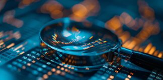 Eine Lupe über einem Finanzdaten-Board, das Finanzstrategien, Diagramme und Marktberichte zeigt. Das Bild thematisiert Wirtschaftsinvestitionen und Forschung, unterstützt durch generative KI.