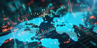 Das Bild zeigt eine digitale Weltkarte, überlagert mit Finanzgrafiken und Datenpunkten. Die Karte ist überwiegend blau, mit roten und grünen Linien für verschiedene Datenmetriken. Die Szene hat ein futuristisches, technisches Flair und der Hintergrund besteht aus Finanz- oder Börsendatenvisualisierungen.