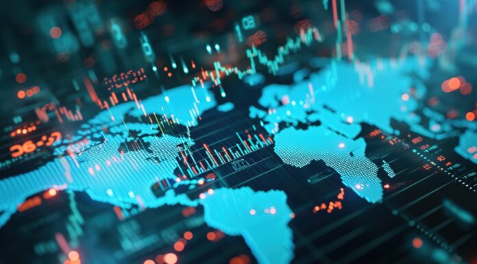 Das Bild zeigt eine digitale Weltkarte, überlagert mit Finanzgrafiken und Datenpunkten. Die Karte ist überwiegend blau, mit roten und grünen Linien für verschiedene Datenmetriken. Die Szene hat ein futuristisches, technisches Flair und der Hintergrund besteht aus Finanz- oder Börsendatenvisualisierungen.