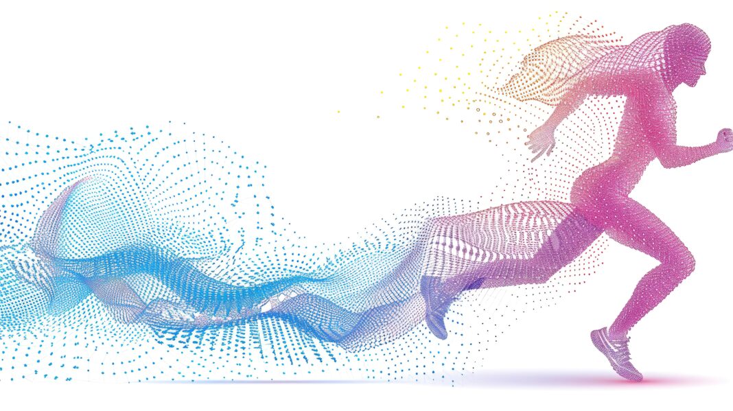 Symbolbild "Fortschritt". (A woman running with a trail of colorful dots behind her. Concept of motion and energy, as well as the idea of a dynamic and active lifestyle. Generated with AI. Copyright: AdriFerrer - stock.adobe.com