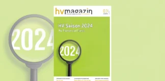 Das Bild zeigt das Cover des „hv magazin“ in hellgrün und weiß mit dem Titel „HV-Saison 2024: Die Themen und Trends.“ Die Zahl „2024“ ist zweimal prominent abgebildet, einmal durch eine Lupe. Am unteren Rand stehen Themen wie „Interaktion im digitalen Raum“ und „Aktionärsidentifikationsabfrage“, mit der Ausgabe „03 2024“.