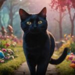 Eine schwarze Katze mit gelben Augen geht einen steinernen Weg entlang, der von bunten Blumen in einem blühenden Garten gesäumt ist. Der Weg ist von Bäumen umgeben und die Szene hat eine warme, magische Ausstrahlung mit Laternen und kunstvollen Strukturen im Hintergrund.
