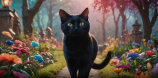 Eine schwarze Katze mit gelben Augen geht einen steinernen Weg entlang, der von bunten Blumen in einem blühenden Garten gesäumt ist. Der Weg ist von Bäumen umgeben und die Szene hat eine warme, magische Ausstrahlung mit Laternen und kunstvollen Strukturen im Hintergrund.