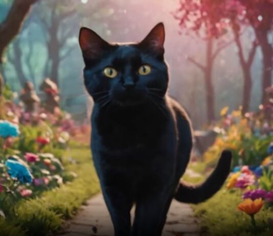 PANTAFLIX-Tochter realisiert erste KI-produzierte Animationsserie Eine schwarze Katze mit gelben Augen geht einen steinernen Weg entlang, der von bunten Blumen in einem blühenden Garten gesäumt ist. Der Weg ist von Bäumen umgeben und die Szene hat eine warme, magische Ausstrahlung mit Laternen und kunstvollen Strukturen im Hintergrund.