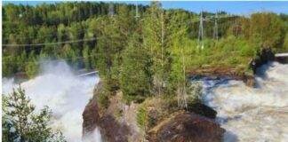 Das Bild zeigt einen kraftvollen Wasserfall, der stark über eine große, felsige Formation mit Bäumen stürzt. Umgeben von dichten grünen Wäldern und einem klaren Himmel, sind im Hintergrund auch Stromleitungen und Versorgungsinfrastruktur sichtbar, was eine Mischung aus Natur und menschlichem Einfluss zeigt.