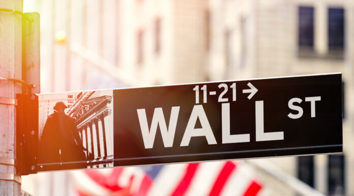 Wall Street in New York City at sunset