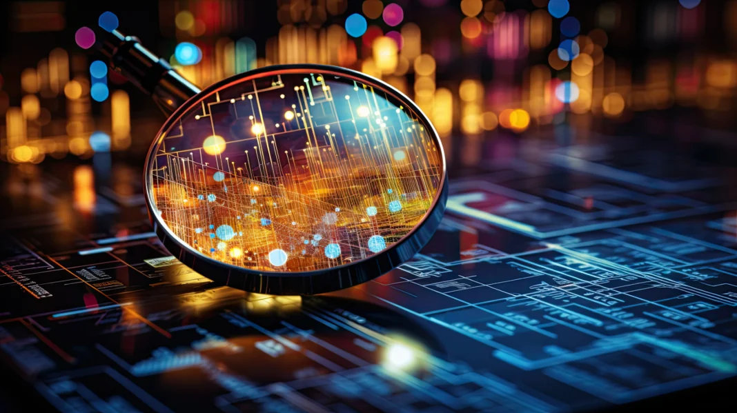 Das Bild zeigt eine Lupe über einer digitalen Oberfläche mit schaltkreisartigen Mustern, beleuchtet von bunten Lichtern. Es wirkt high-tech und abstrakt, wobei die Lupe die Details der Schaltkreise und Knotenpunkte in leuchtenden Farben hervorhebt, was auf Technologie, Datenanalyse oder digitale Erkundung hindeutet.