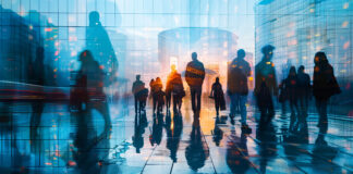 Pedestrians are Dressed Smartly. Successful People Walking in Downtown. Three businesswomen walking on the sidewalk business people crowd walking commuting in the city, lights and motion blur abstract
