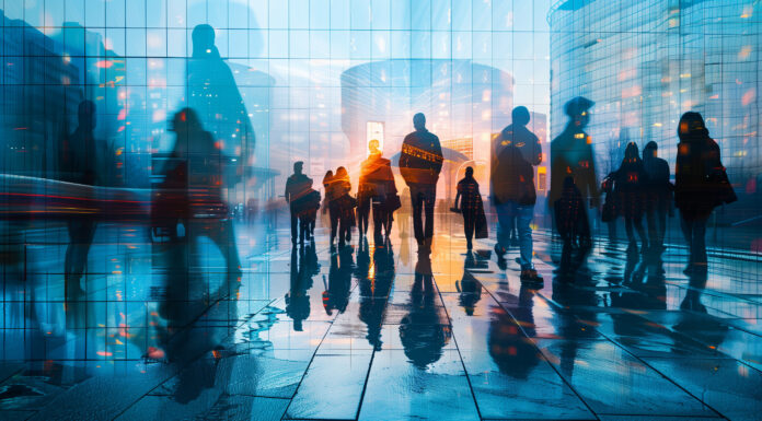 Pedestrians are Dressed Smartly. Successful People Walking in Downtown. Three businesswomen walking on the sidewalk business people crowd walking commuting in the city, lights and motion blur abstract