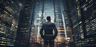 back of businessman in suit with business office glass modern buildings background for economic market stock investment, financial freedom portfolio or company profit and strategy growth IPO banner