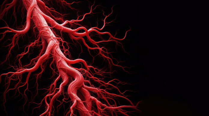 Symbolbild Arterie (red Arteriography, Radiographic examination of blood vessels using a contrast dye injected into the arteries background.) Copyright: Ольга Лукьяненко - stock.adobe.com