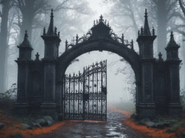 Misty Gothic Portal: Old Gothic Gate Enshrouded in Mist Within a Forest, Celebrating World Goth Day, Generative AI