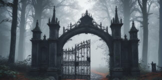 Misty Gothic Portal: Old Gothic Gate Enshrouded in Mist Within a Forest, Celebrating World Goth Day, Generative AI