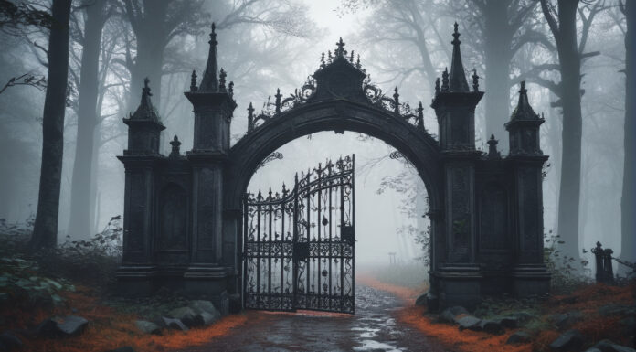 Misty Gothic Portal: Old Gothic Gate Enshrouded in Mist Within a Forest, Celebrating World Goth Day, Generative AI