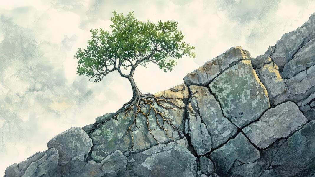 Watercolor depiction of a resilient tree growing from the cracks of a rugged stone on a mountainside, with light washes of green and gray. Copyright: Timeless Touch - stock.adobe.com