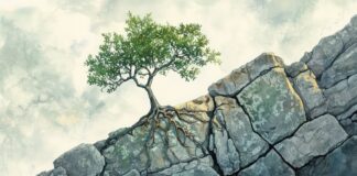 Watercolor depiction of a resilient tree growing from the cracks of a rugged stone on a mountainside, with light washes of green and gray. Copyright: Timeless Touch - stock.adobe.com