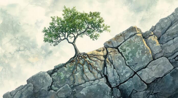 Watercolor depiction of a resilient tree growing from the cracks of a rugged stone on a mountainside, with light washes of green and gray. Copyright: Timeless Touch - stock.adobe.com