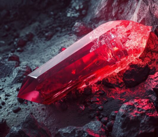 Brilliant red crystal glows amidst a shadowy rocky landscape, conjuring a sense of hidden treasure. Copyright: anatolir - stock.adobe.com