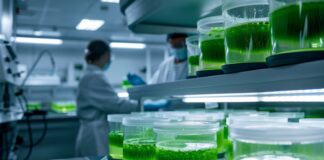 Symbolbild Algenforschung (scientists conducting experiments in microalgae laboratory, minimalist lab equipment and soft, diffused lighting, highlighting the meticulous research and scientific exploration in algae ... Photo generated with AI. Copyright: Dina - stock.adobe.com