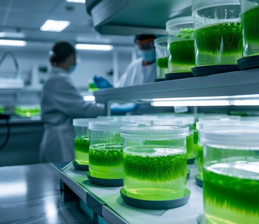 Symbolbild Algenforschung (scientists conducting experiments in microalgae laboratory, minimalist lab equipment and soft, diffused lighting, highlighting the meticulous research and scientific exploration in algae ... Photo generated with AI. Copyright: Dina - stock.adobe.com