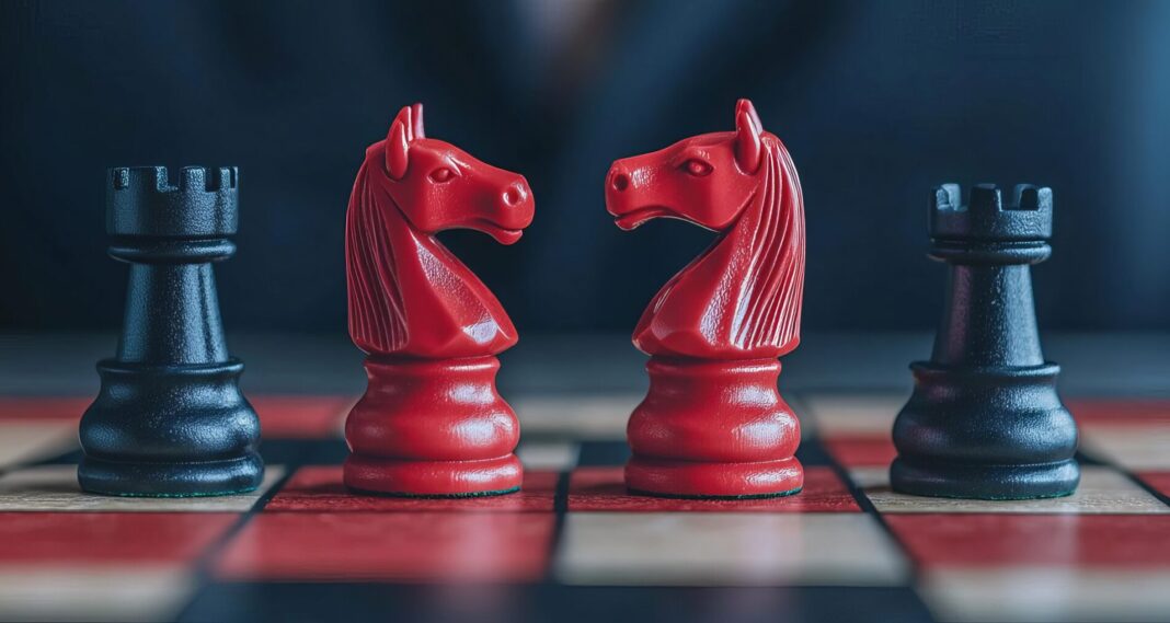 Investor placing chess pieces on a board shaped like a stock graph with bull and bear pieces, stocks, strategic market positioning. Copyright: KENZOGROW - stock.adobe.com
