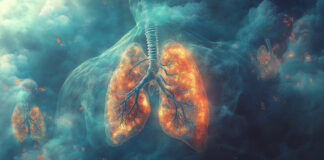 Lunge beim Menschen mit leuchtenden Aterien Adern Kapilaren und Venen für Lungenentzündung Bronchitis und sonstige Atemwegserkrankung Generative AI. Copyright: Imagecreator - stock.adobe.com