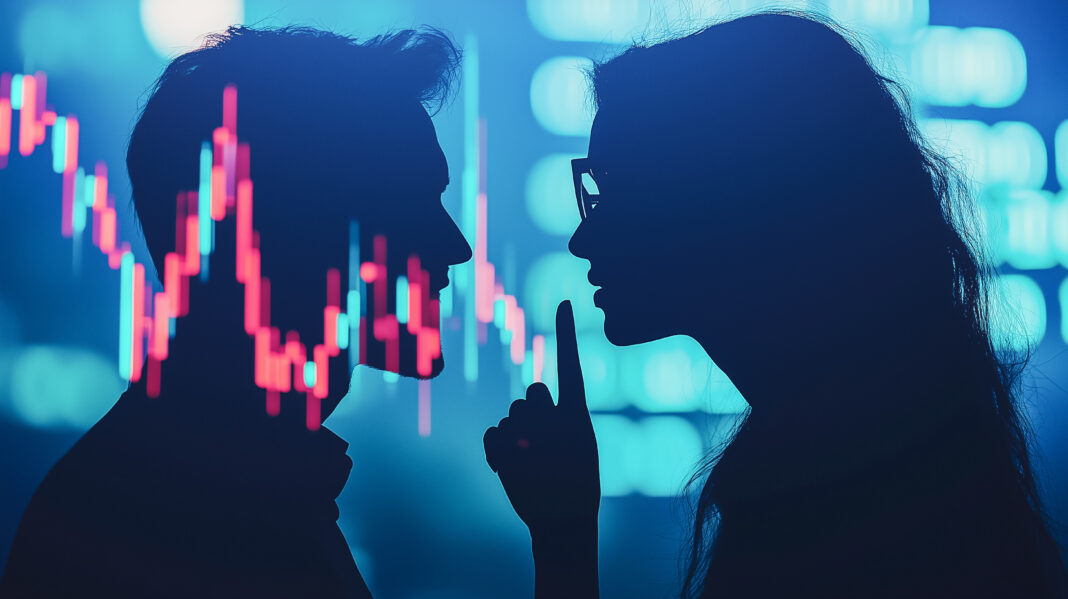 People exchanging secrets against a digital financial background, insider trading concept. Copyright: Imaging L - stock.adobe.com