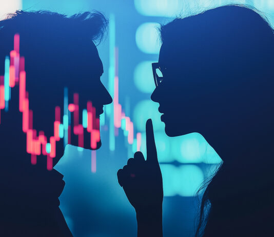 People exchanging secrets against a digital financial background, insider trading concept. Copyright: Imaging L - stock.adobe.com