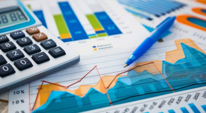 Unternehmensbewertung im Kapitalmarkt Financial charts showing trends, a calculator, and a blue pen. Perfect for money and financial stock photos. Copyright: Mark - stock.adobe.com