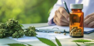 medical cannabis in an open bottle and capsule on a table, with marijuana leaves and buds nearby, Doctor writing on prescription. Copyright: Brian - stock.adobe.com
