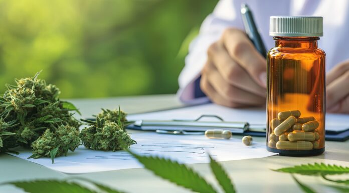 Ticker-Kürzel „HIGH“ als Programm: Starkes Wachstum bei Cantourage medical cannabis in an open bottle and capsule on a table, with marijuana leaves and buds nearby, Doctor writing on prescription. Copyright: Brian - stock.adobe.com