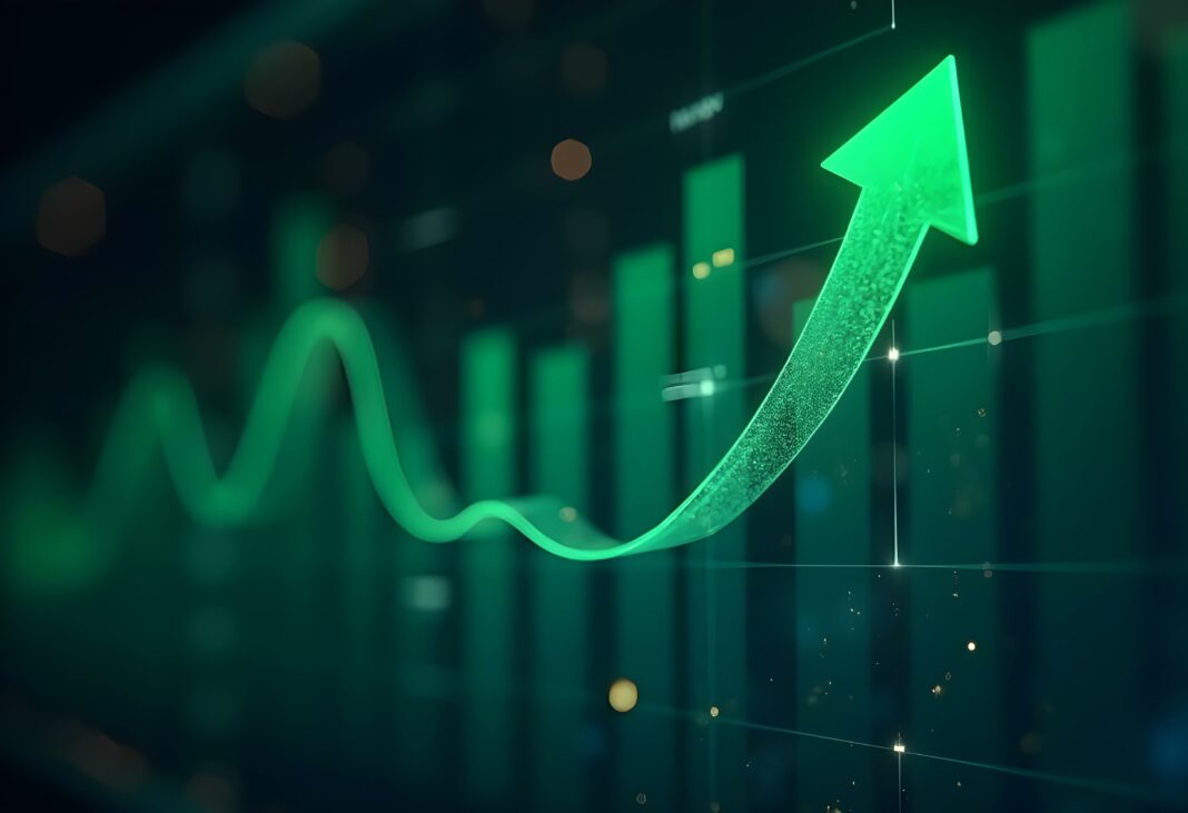 Symbolbild "Green arrow pointing upward on financial graph. Business growth chart with rising trend line. Digital stock market data visualization for investment ...". Copyright: crispy - stock.adobe.com