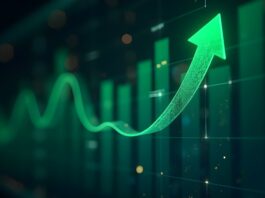 Symbolbild "Green arrow pointing upward on financial graph. Business growth chart with rising trend line. Digital stock market data visualization for investment ...". Copyright: crispy - stock.adobe.com