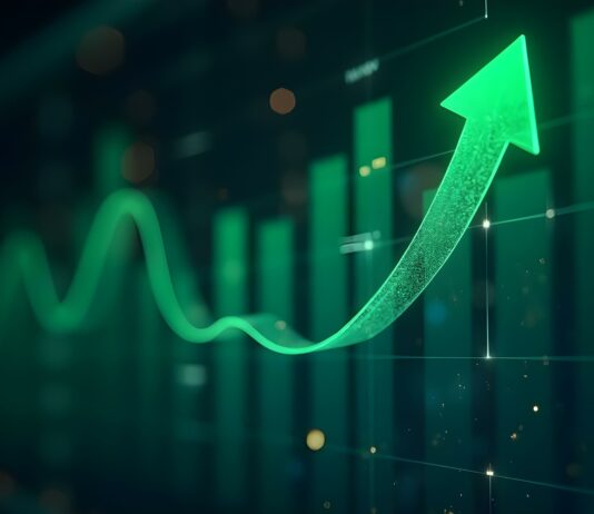 Symbolbild "Green arrow pointing upward on financial graph. Business growth chart with rising trend line. Digital stock market data visualization for investment ...". Copyright: crispy - stock.adobe.com