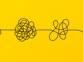 Tangle of thoughts, psychological stress and easy problem solving. Psychology solution concept. Confused purpose, trouble solution and think easy. Psychology path, stress reduction. Vector. Copyright: blankstock - stock.adobe.com