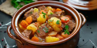 Symbolbild "Eintopf". (Beef meat stewed with potatoes, carrots and spices in ceramic pot.) Copyright: neirfy - stock.adobe.com