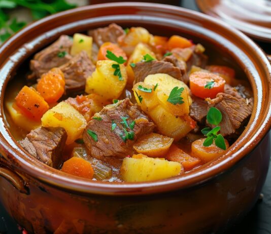 Symbolbild "Eintopf". (Beef meat stewed with potatoes, carrots and spices in ceramic pot.) Copyright: neirfy - stock.adobe.com