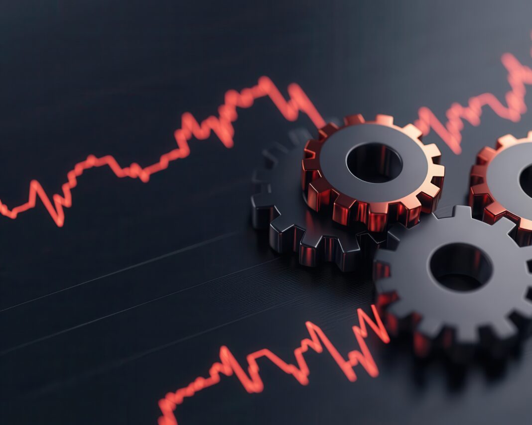 Symbolbild (Glowing gears turning in sync with a rising stock market chart, symbolizing integrated growth strategies. Generiert mit KI.). Copyright: Creator88 - stock.adobe.com