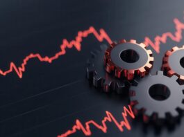 Symbolbild (Glowing gears turning in sync with a rising stock market chart, symbolizing integrated growth strategies. Generiert mit KI.). Copyright: Creator88 - stock.adobe.com