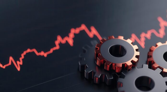 Symbolbild (Glowing gears turning in sync with a rising stock market chart, symbolizing integrated growth strategies. Generiert mit KI.). Copyright: Creator88 - stock.adobe.com