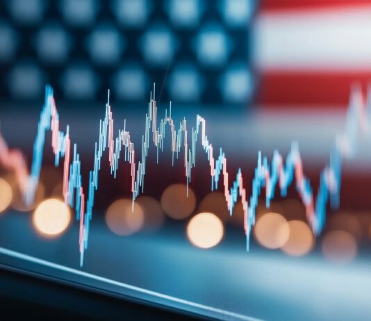 Financial chart with american flag background and blurred lights. Copyright: top images - stock.adobe.com