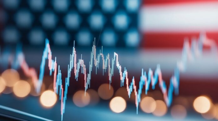 Financial chart with american flag background and blurred lights. Copyright: top images - stock.adobe.com