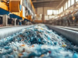 Symbolbild Textilrecycling. Recycled polyester threads being processed in textile factory, showcasing transformation of waste materials into usable fibers. vibrant colors and textures highlight sustainability. Copyright: AGCreative - stock.adobe.com