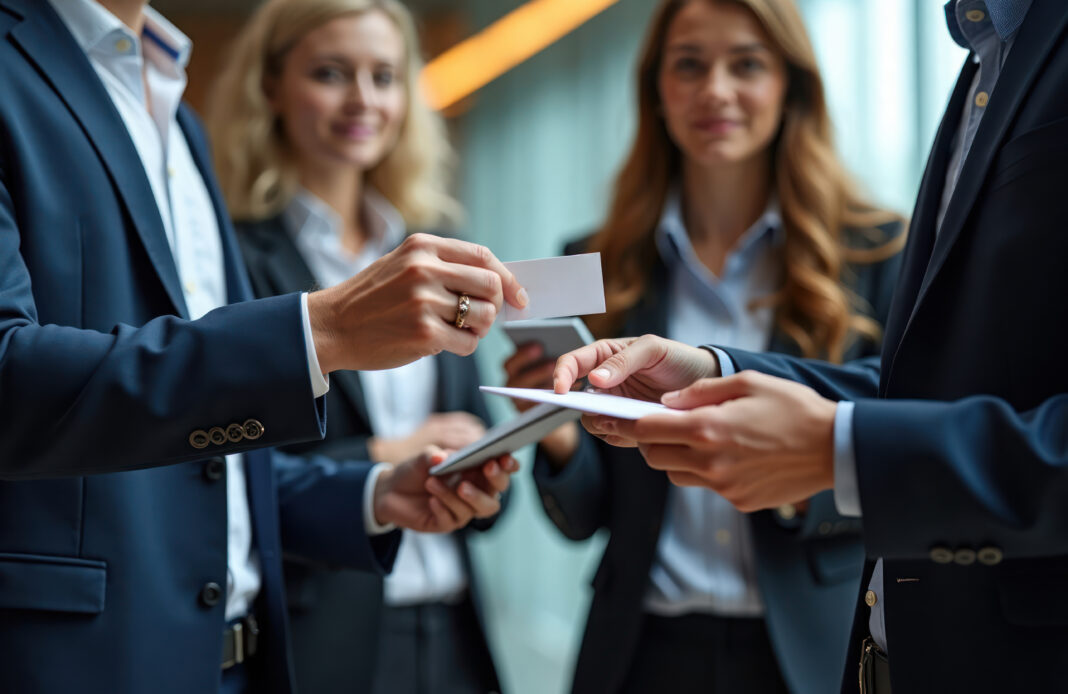 Symbolbild. Businesspeople exchange business cards at modern conference hall networking event. Copyright: Maryna - stock.adobe.com