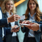 Symbolbild. Businesspeople exchange business cards at modern conference hall networking event. Copyright: Maryna - stock.adobe.com
