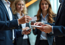 Symbolbild. Businesspeople exchange business cards at modern conference hall networking event. Copyright: Maryna - stock.adobe.com